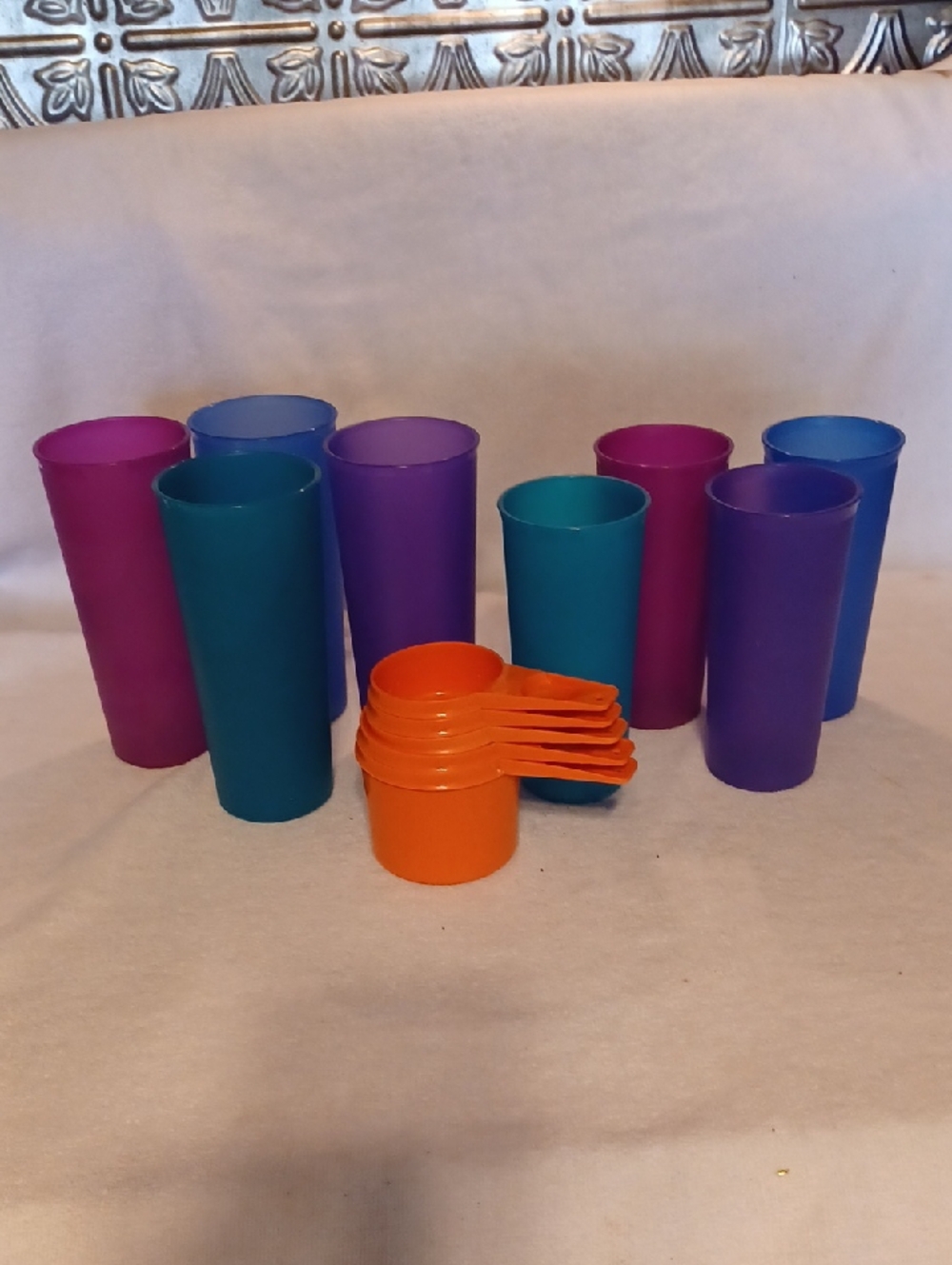 Tupperware Colorful Plastic Tumblers Set with Orange Measuring Cups